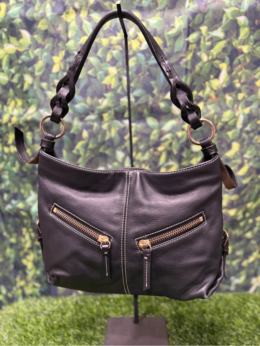 Dooney & Bourke Elisa Medium Black Pebbled Leather Hobo Shoulder Bag Purse